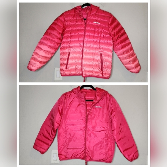 Eddie Bauer Reversible Down Puffer Pink Ombre Coat Kids Youth Size L (14/16) - Picture 1 of 16
